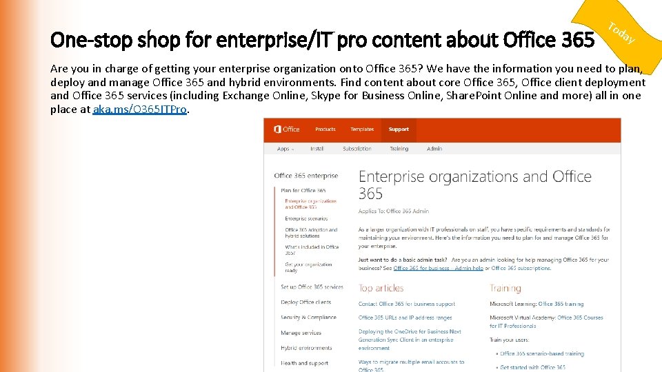 One-stop shop for enterprise/IT pro content about Office 365 To da y Are you