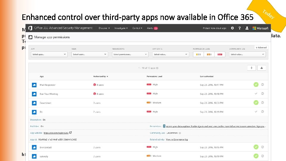 Enhanced control over third-party apps now available in Office 365 To da y Many