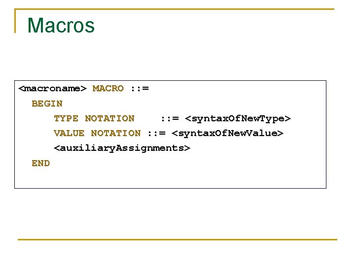 Macros <macroname> MACRO : : = BEGIN TYPE NOTATION : : = <syntax. Of. Macros <macroname> MACRO : : = BEGIN TYPE NOTATION : : = <syntax. Of.