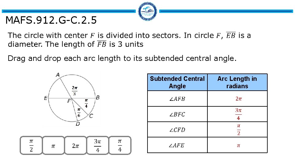 MAFS. 912. G-C. 2. 5 Drag and drop each arc length to its subtended