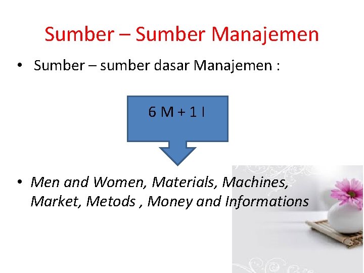 Sumber – Sumber Manajemen • Sumber – sumber dasar Manajemen : 6 M+1 I