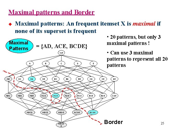 Maximal patterns and Border u Maximal patterns: An frequent itemset X is maximal if