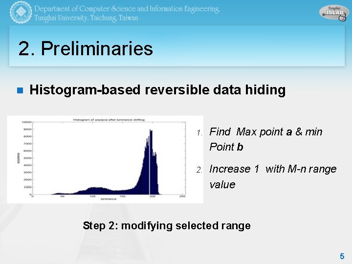 2. Preliminaries n Histogram-based reversible data hiding 1. Find Max point a & min