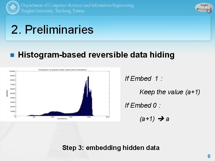 2. Preliminaries n Histogram-based reversible data hiding If Embed 1 : Keep the value