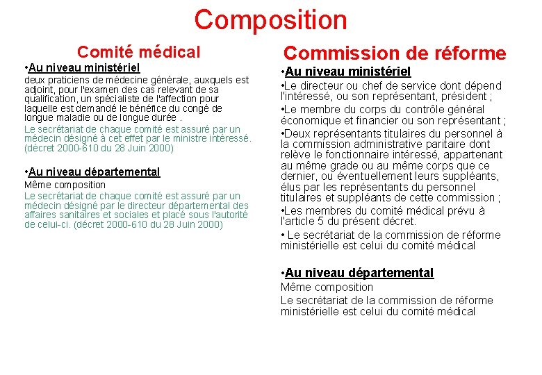 Composition Comité médical • Au niveau ministériel deux praticiens de médecine générale, auxquels est