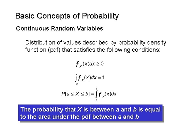 Basic Concepts of Probability Continuous Random Variables Distribution of values described by probability density