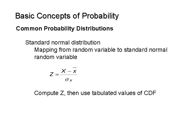 Basic Concepts of Probability Common Probability Distributions Standard normal distribution Mapping from random variable