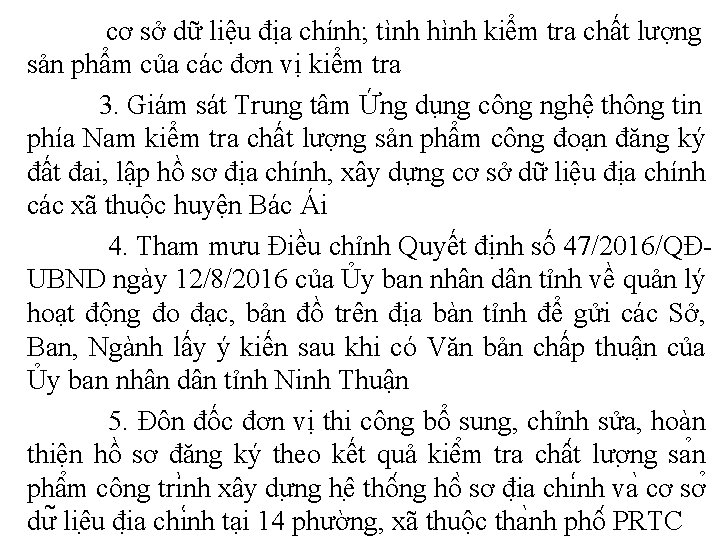 cơ sở dữ liệu địa chính; tình hình kiểm tra chất lượng sản phẩm