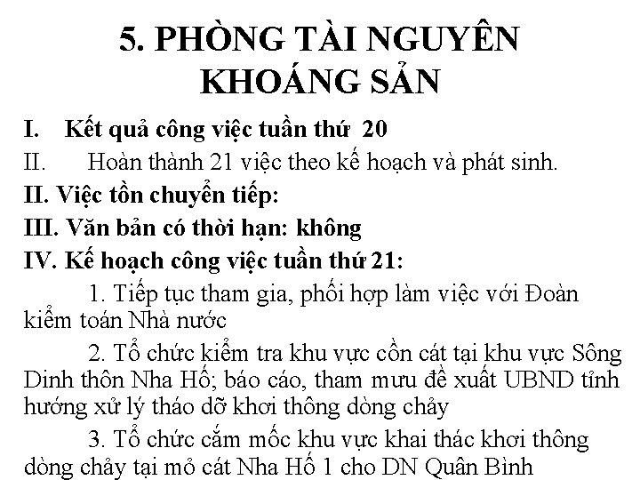 5. PHÒNG TÀI NGUYÊN KHOÁNG SẢN I. Kết quả công việc tuần thứ 20