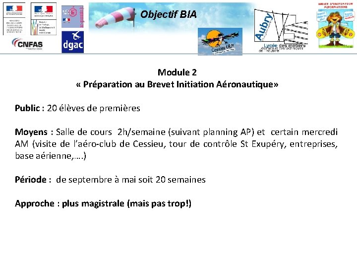 Objectif BIA Module 2 « Préparation au Brevet Initiation Aéronautique» Public : 20 élèves