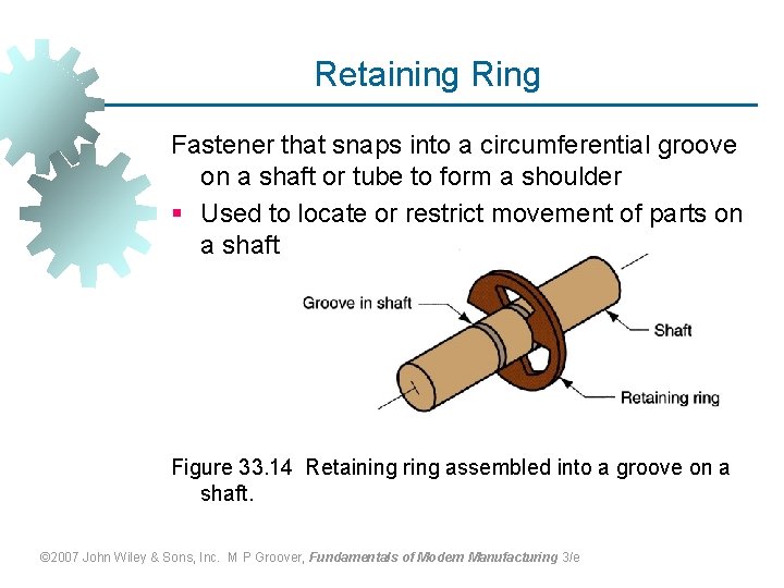 Retaining Ring Fastener that snaps into a circumferential groove on a shaft or tube