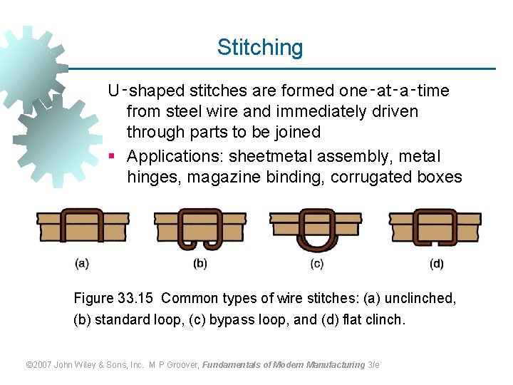 Stitching U‑shaped stitches are formed one‑at‑a‑time from steel wire and immediately driven through parts