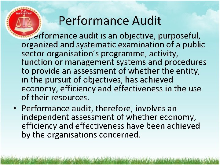 Performance Audit • A performance audit is an objective, purposeful, organized and systematic examination