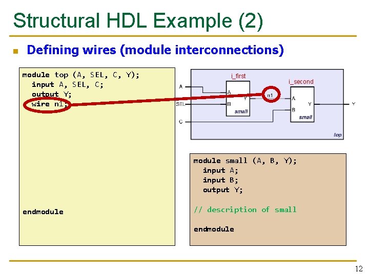 Structural HDL Example (2) n Defining wires (module interconnections) module top (A, SEL, C, Structural HDL Example (2) n Defining wires (module interconnections) module top (A, SEL, C,