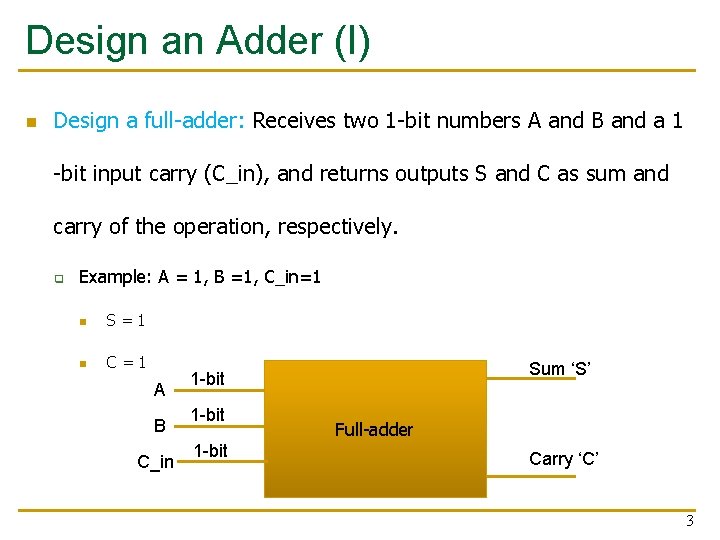 Design an Adder (I) n Design a full-adder: Receives two 1 -bit numbers A Design an Adder (I) n Design a full-adder: Receives two 1 -bit numbers A