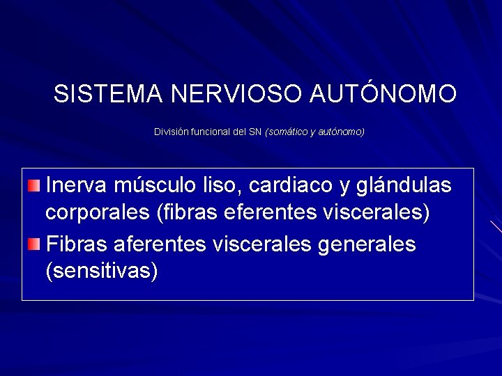 SISTEMA NERVIOSO AUTÓNOMO División funcional del SN (somático y autónomo) Inerva músculo liso, cardiaco