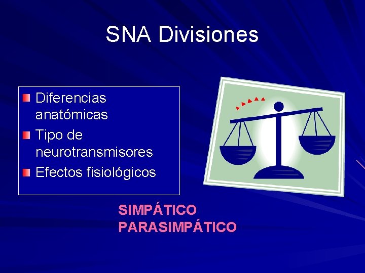 SNA Divisiones Diferencias anatómicas Tipo de neurotransmisores Efectos fisiológicos SIMPÁTICO PARASIMPÁTICO 