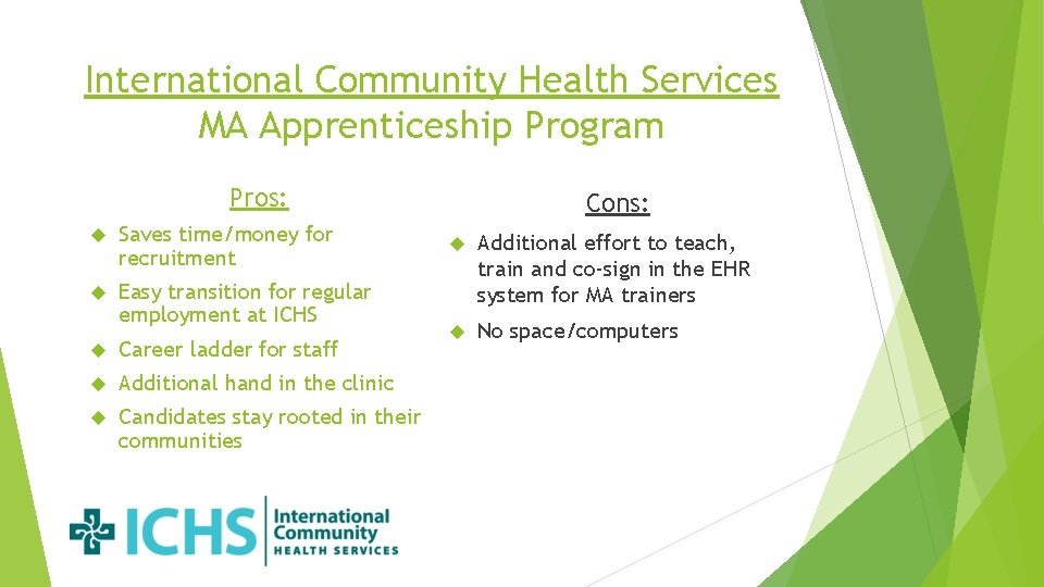 International Community Health Services MA Apprenticeship Program Pros: Saves time/money for recruitment Easy transition