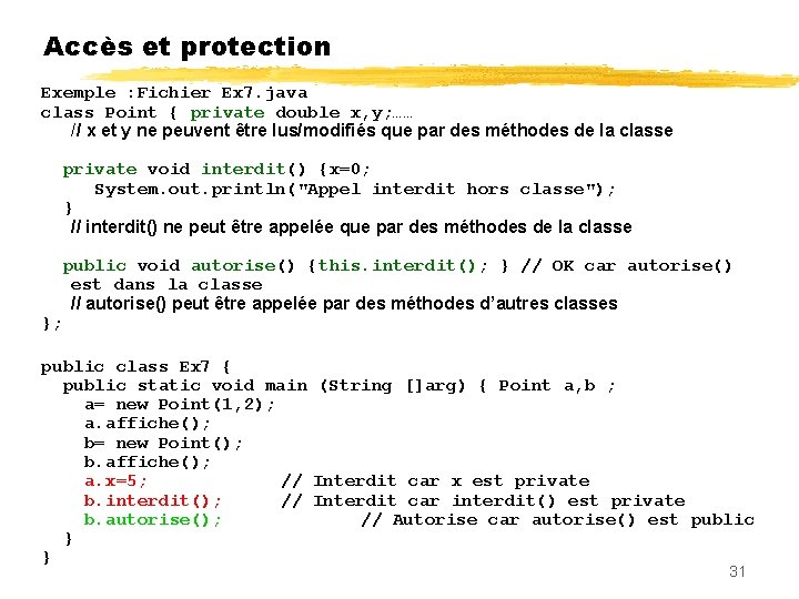 Accès et protection Exemple : Fichier Ex 7. java class Point { private double