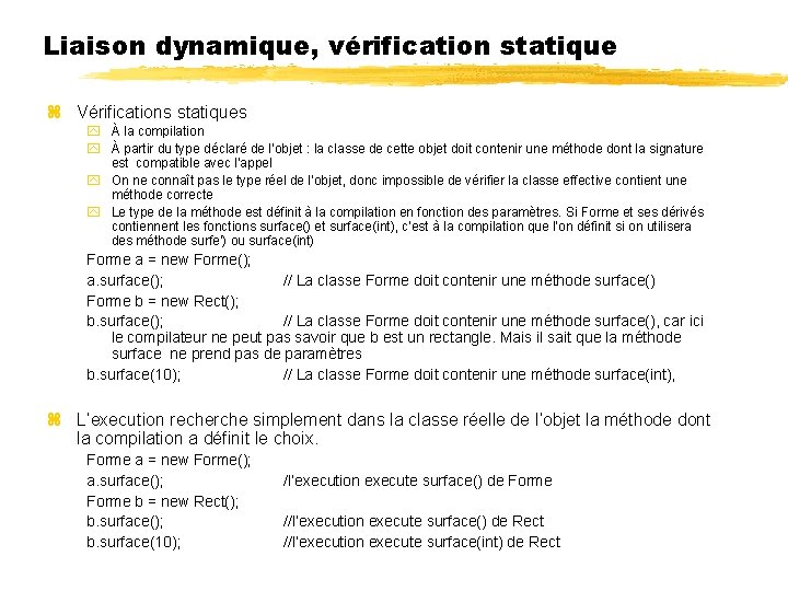 Liaison dynamique, vérification statique Vérifications statiques À la compilation À partir du type déclaré