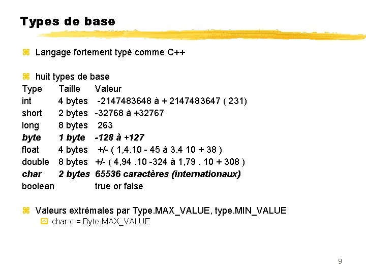 Types de base Langage fortement typé comme C++ huit types de base Type Taille