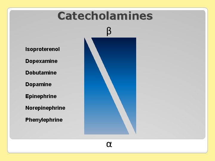 Catecholamines β Isoproterenol Dopexamine Dobutamine Dopamine Epinephrine Norepinephrine Phenylephrine α 