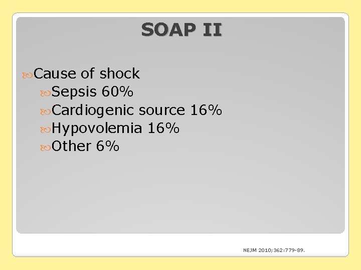 SOAP II Cause of shock Sepsis 60% Cardiogenic source 16% Hypovolemia 16% Other 6%