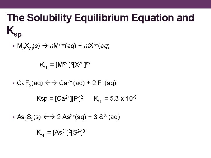 The Solubility Equilibrium Equation and Ksp • Mn. Xm(s) n. Mm+(aq) + m. Xn−(aq)