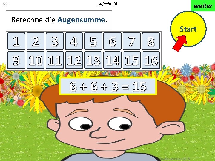 Aufgabe 10 Berechne die Augensumme. 1 2 3 4 5 6 7 8 9