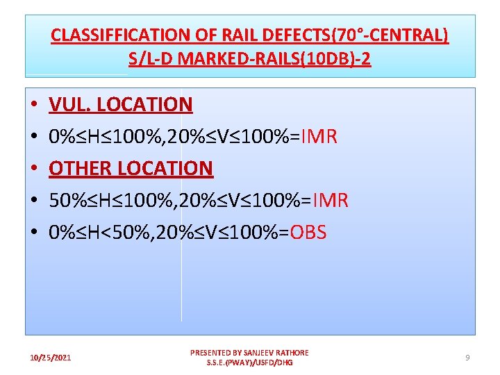 CLASSIFFICATION OF RAIL DEFECTS(70°-CENTRAL) S/L-D MARKED-RAILS(10 DB)-2 • • • VUL. LOCATION 0%≤H≤ 100%,