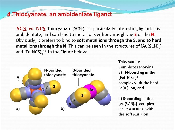 4. Thiocyanate, an ambidentate ligand: SCN- vs. NCS- Thiocyanate (SCN-) is a particularly interesting