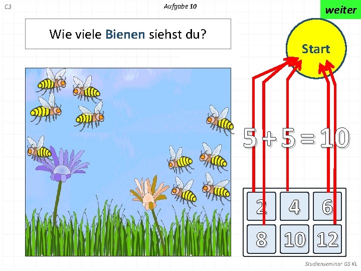 Aufgabe 10 Wie viele Bienen siehst du? weiter Start 5 + 5 = 10