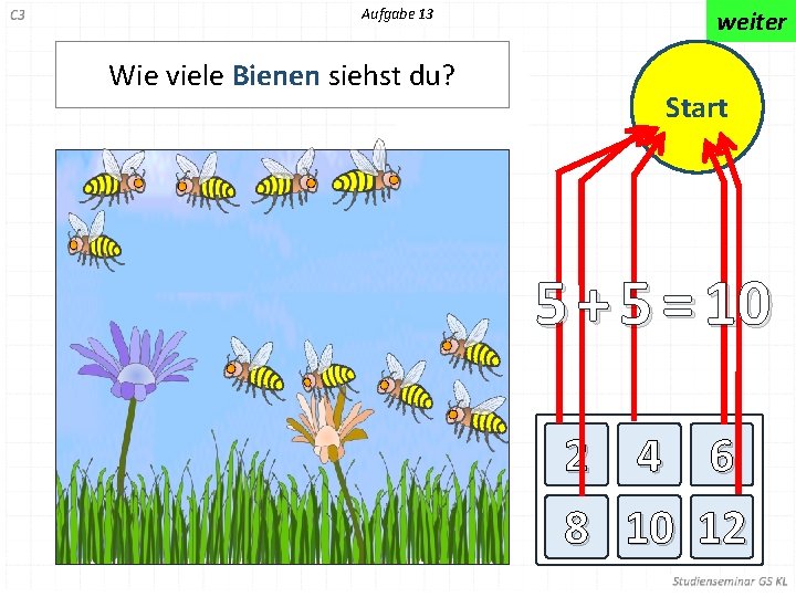 Aufgabe 13 Wie viele Bienen siehst du? weiter Start 5 + 5 = 10