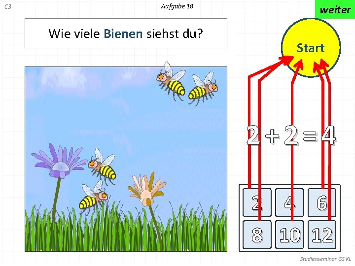 Aufgabe 18 Wie viele Bienen siehst du? weiter Start 2+2=4 2 4 6 8