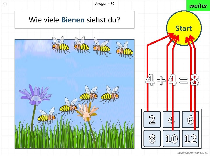 Aufgabe 19 Wie viele Bienen siehst du? weiter Start 4+4=8 2 4 6 8