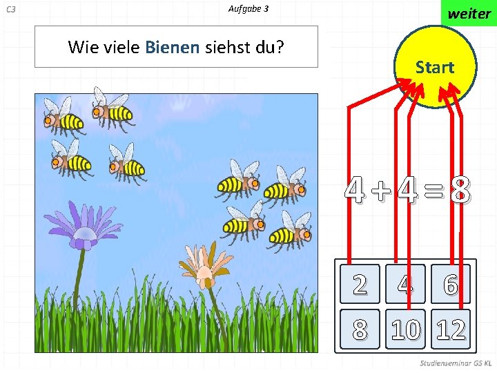 Aufgabe 3 Wie viele Bienen siehst du? weiter Start 4+4=8 2 4 6 8