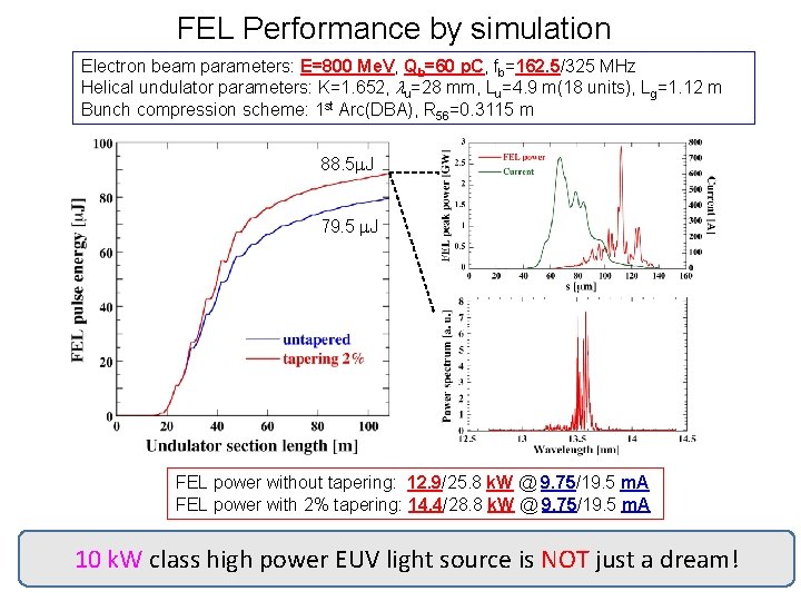 FEL Performance by simulation Electron beam parameters: E=800 Me. V, Qb=60 p. C, fb=162.