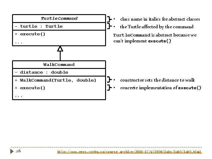 Turtle. Command • class name in italics for abstract classes - turtle : Turtle