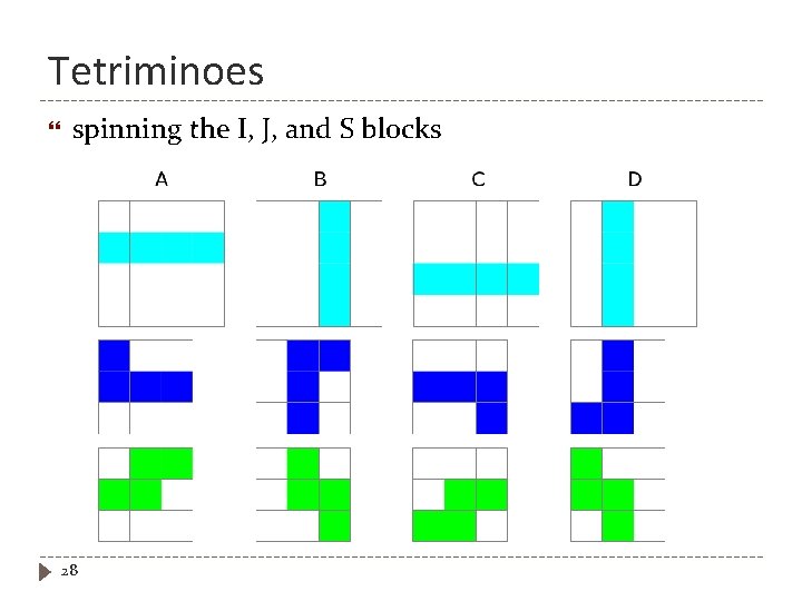 Tetriminoes spinning the I, J, and S blocks 28 