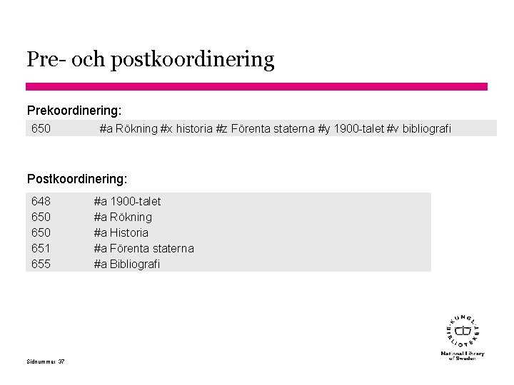 Pre- och postkoordinering Prekoordinering: 650 #a Rökning #x historia #z Förenta staterna #y 1900