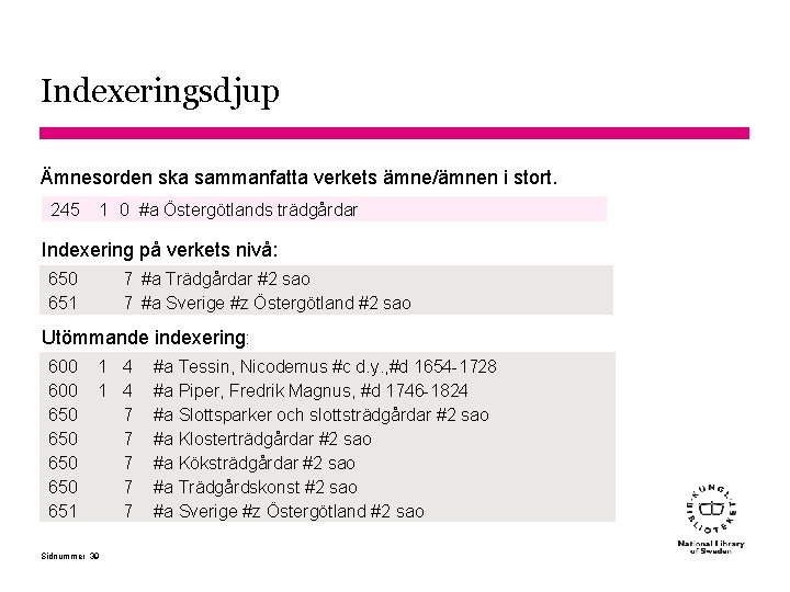 Indexeringsdjup Ämnesorden ska sammanfatta verkets ämne/ämnen i stort. 245 1 0 #a Östergötlands trädgårdar