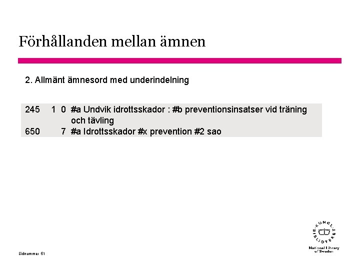 Förhållanden mellan ämnen 2. Allmänt ämnesord med underindelning 245 650 Sidnummer 51 1 0