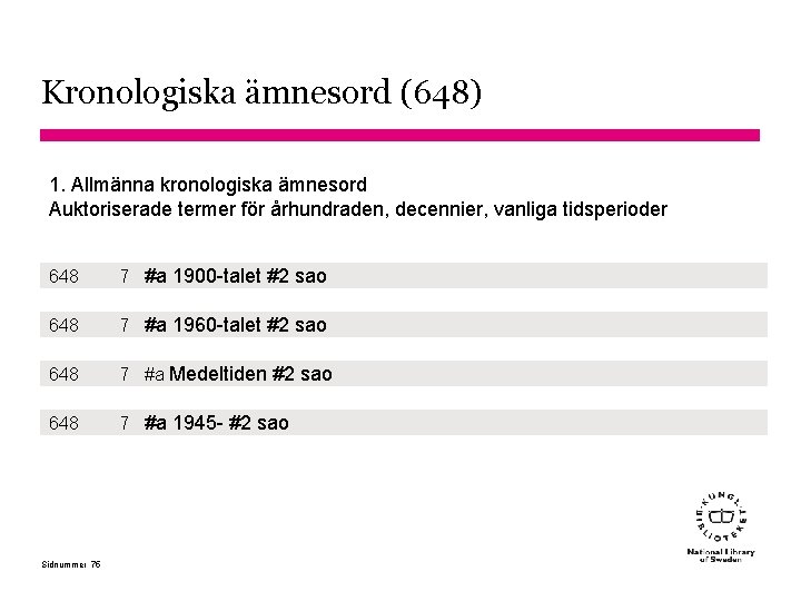 Kronologiska ämnesord (648) 1. Allmänna kronologiska ämnesord Auktoriserade termer för århundraden, decennier, vanliga tidsperioder