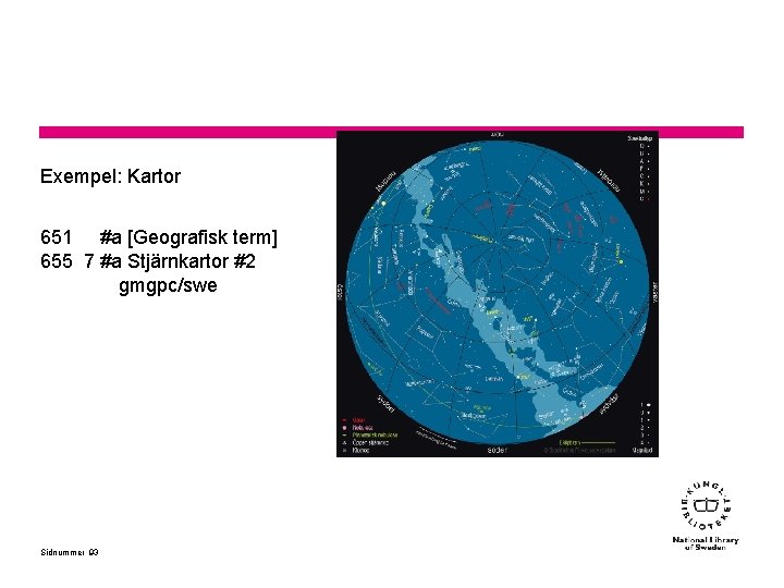 Exempel: Kartor 651 #a [Geografisk term] 655 7 #a Stjärnkartor #2 gmgpc/swe Sidnummer 93