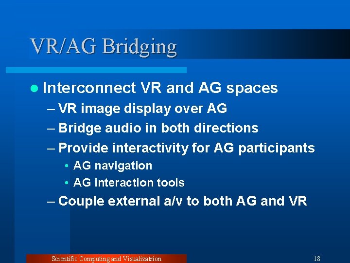 VR/AG Bridging l Interconnect VR and AG spaces – VR image display over AG