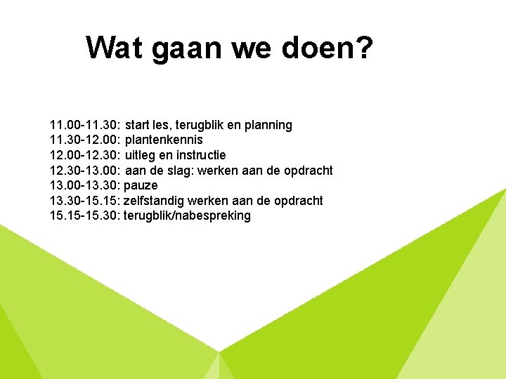 Wat gaan we doen? 11. 00 -11. 30: start les, terugblik en planning 11.