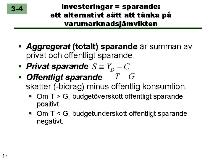 3 -4 Investeringar = sparande: ett alternativt sätt att tänka på varumarknadsjämvikten § Aggregerat