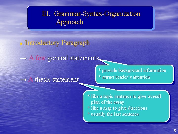III. Grammar-Syntax-Organization Approach ■ Introductory Paragraph → A few general statements → A thesis