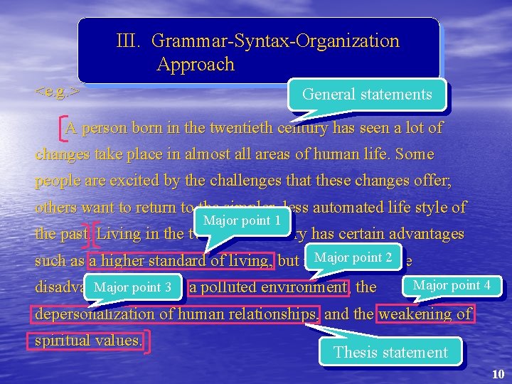 III. Grammar-Syntax-Organization Approach <e. g. > General statements A person born in the twentieth