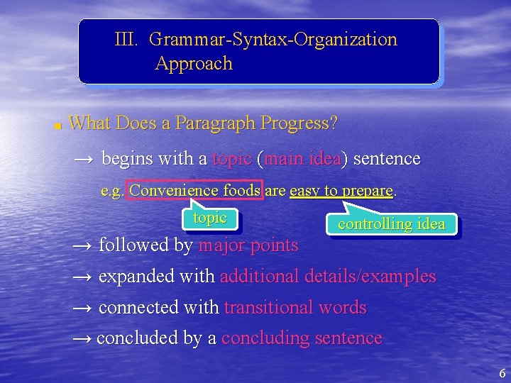 III. Grammar-Syntax-Organization Approach ■ What Does a Paragraph Progress? → begins with a topic